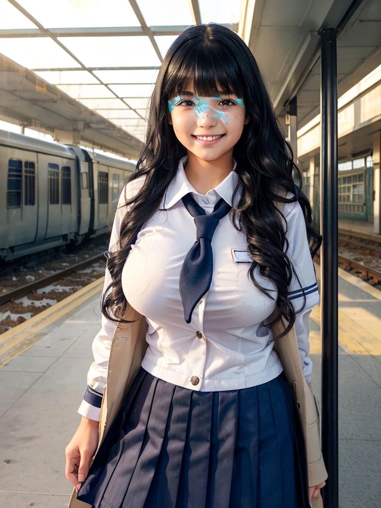 (young girl with gigantic breasts:1.3), (school uniform:1.5),(messy bangs:1.3),(smile:1.5),(long spread wavy hair:1.5), (station premises:1.5), (shiny black hair :1.2)