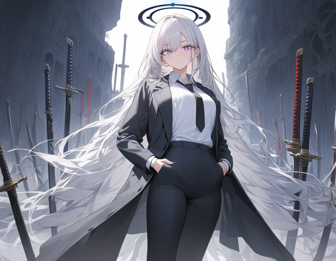 (Highest quality), (High resolution), (masterpiece), (Super detailed), (Highest quality), (High resolution), (masterpiece), (Super detailed), (Bright saturation), Thigh-length hair, White Hair, Heterogeneous eyes: purple left eye and blue right eye, Blue Archive Art Style, One girl, Swinging a black sword in his right hand, Left hand in pocket, girl, (Black long coat, White shirt, Black tie, Black trousers, suit,) whole body, Countless swords of light are stuck in the ground., Magic circle in the background, Expressionless, Vivid saturation, Black halo