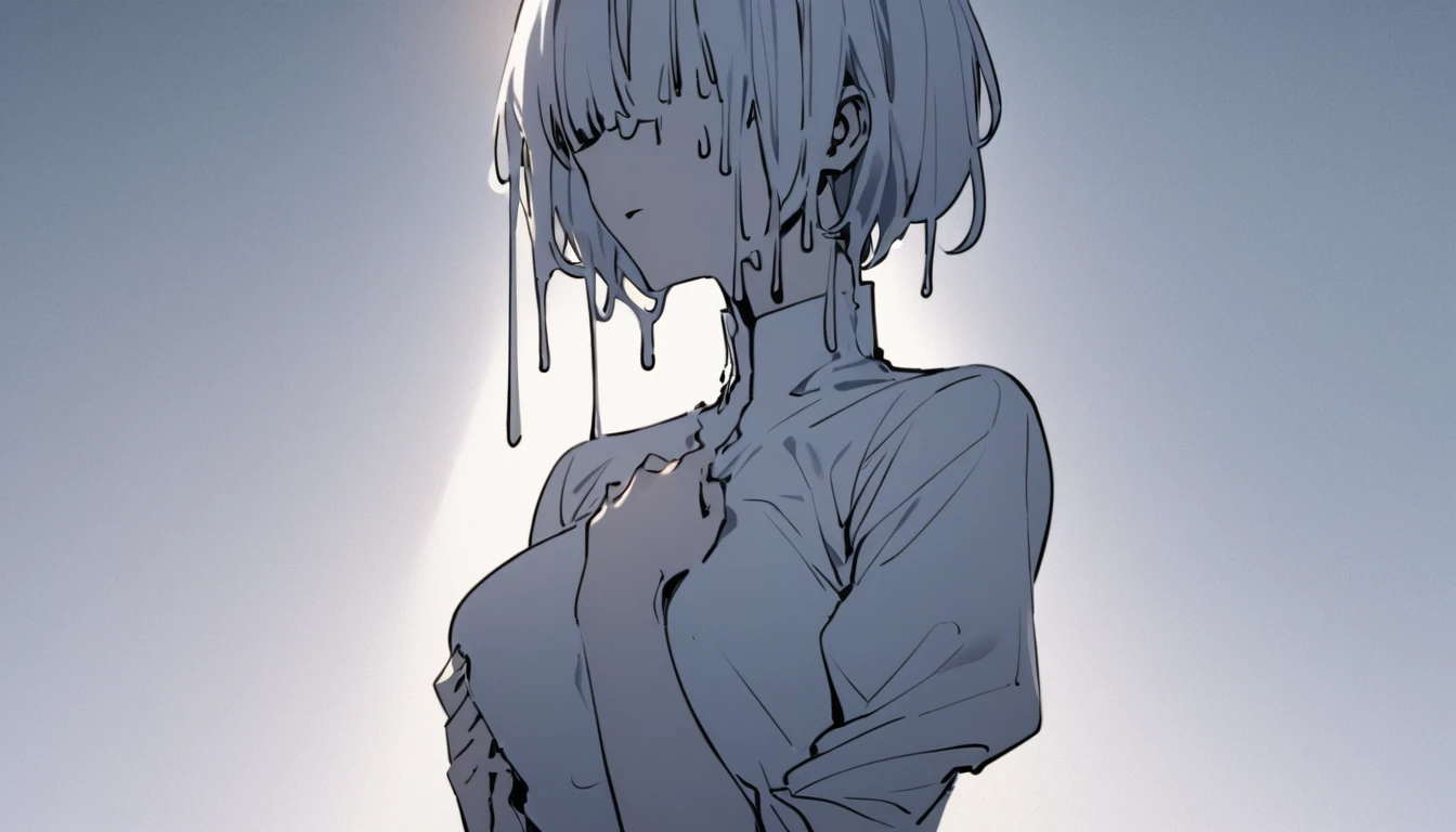 A woman with a liquid upper body、 My head is melting, Liquid Head, alone,stop temporarily, whole body, blouse,Pure white room、Place your hands on your chest