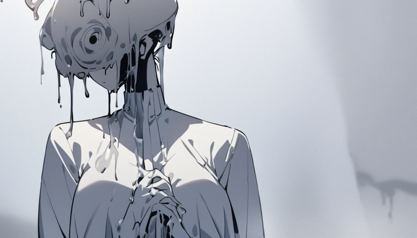 A woman with a liquid upper body、 My head is melting, Liquid Head, alone,stop temporarily, whole body, blouse,Pure white room、Place your hands on your chest