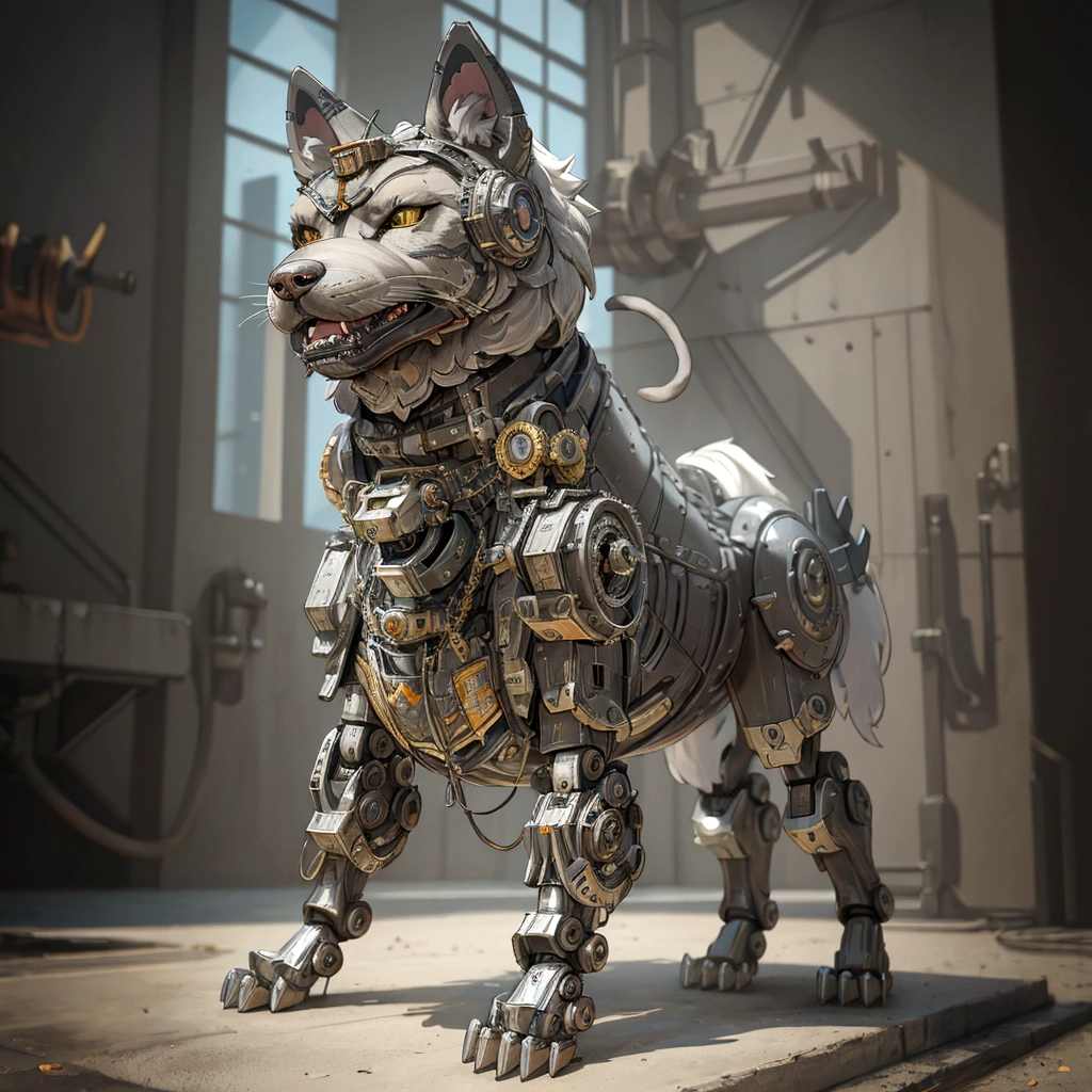 The building has a metal dog statue on its base., Armored Catの仲間, husky in shiny armor, Armored Cat, Steampunk dog, Cyborg dog, rendered in redshift, Steampunk ferret - a shaped mecha, Robot Lion, Industrial Mechanical Robot Dog, Highly detailed rendering, A good giant mechanical wolfdog, Detailed and complex rendering, Expressed in 3D rendering