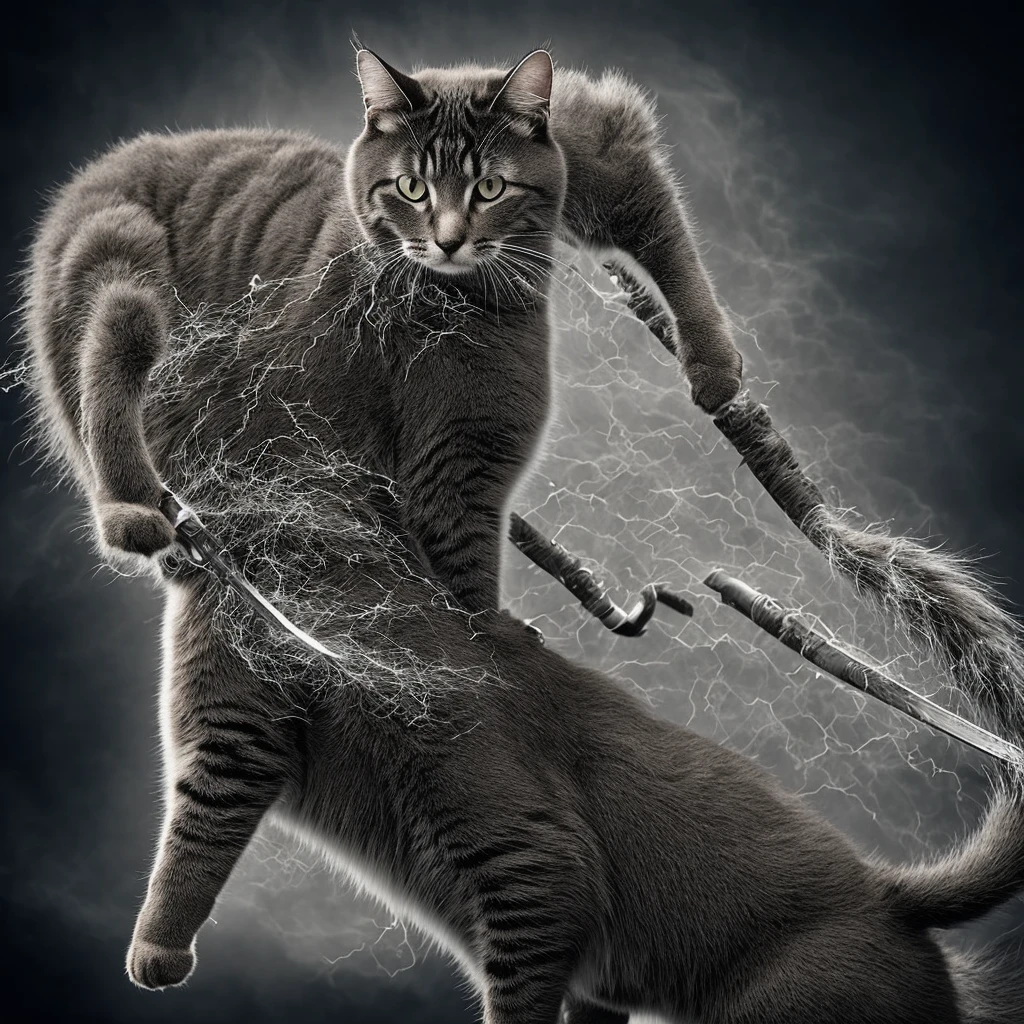 fierce cat dressed in a traditional samurai outfit, wielding a katana. The cat stands in a powerful samurai pose, with electricity crackling around its armor, giving it a striking, otherworldly appearance. The background is a mystical Japanese landscape, enhancing the dramatic and epic feel of the scene