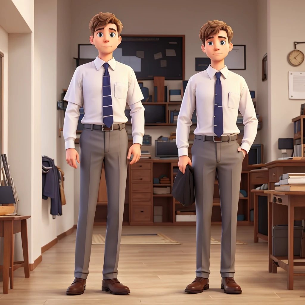 Adult white male with shirt and tie, work pants and is standing proud