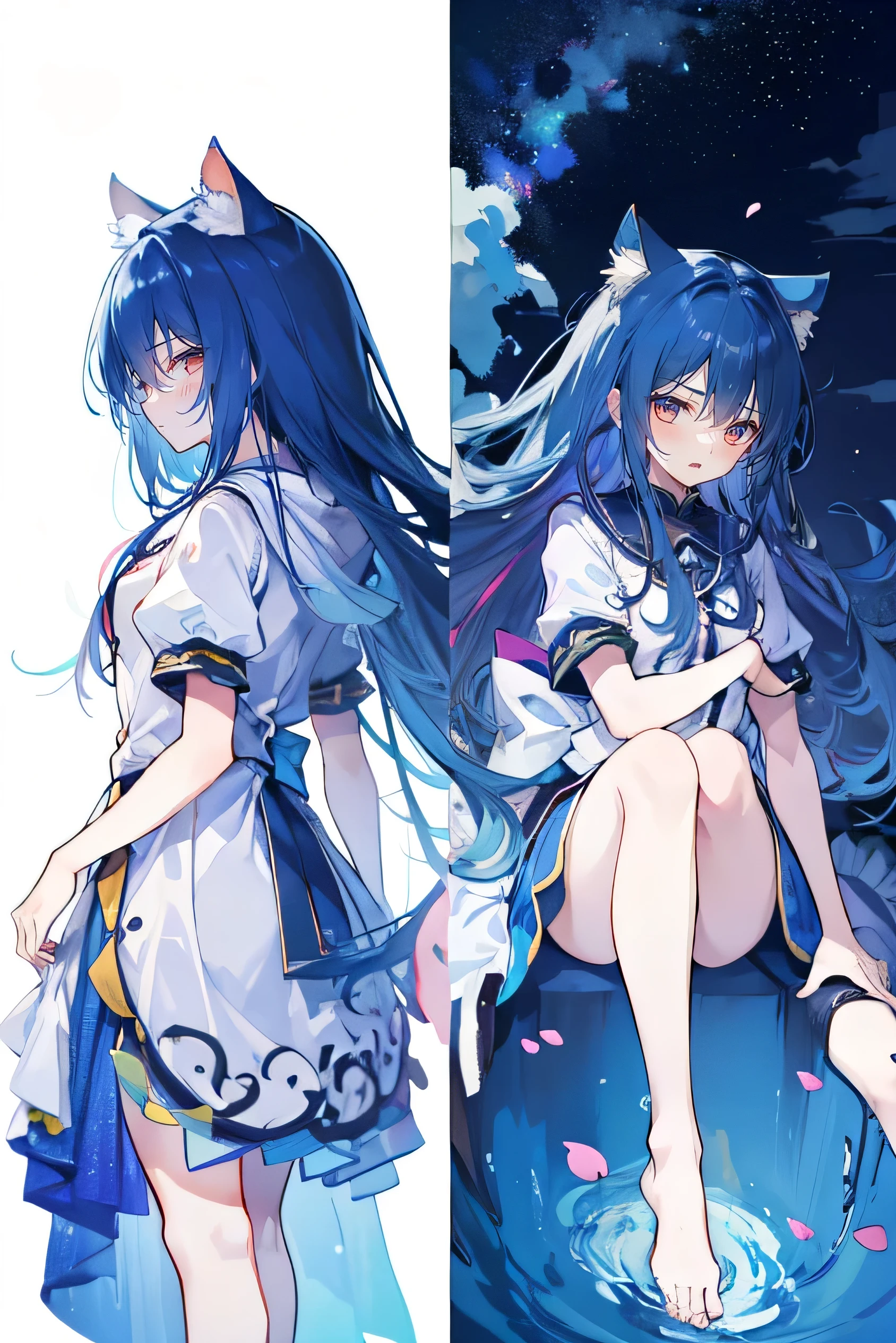 (masterpiece:1.2),Super detailed,lifelike,Expressive eyes,fair skin,perfect face shape,1 girl,
Japanese comics,Gorgeous blue hair,flowing blue hair,flowing clothes,Cat ears,Petals fall,beautiful lola,Baby Angel,
Shaking head with one hand,Cross your legs,Gentle and peaceful background,The pavilion is cool and comfortable,smile, wearing hoodie, background of tokyo,back views,snowing, winter,lie on the water,Lying on the ground。Dark blue gradient hair,asymmetrical hair,((Hair is very thick 1.8,Chiseled hair 1.6)), Hair over the shoulders, Messy hair, Very long hair, shiny hair,(long dark blue hair:1.2),A beautiful girl,(Transparent clothes transparent 1.8),Perfect body,Big thin legs,slender,(Looks very sad,Looks haggard ,sadness,shut your mouth:1.2) Against the backdrop of an unusually bright dark starry sky,(Put your hands behind your back),(round,Room, Strong breasts),barefoot,float,water surface,(long legs,long legs,long legs,Complete)