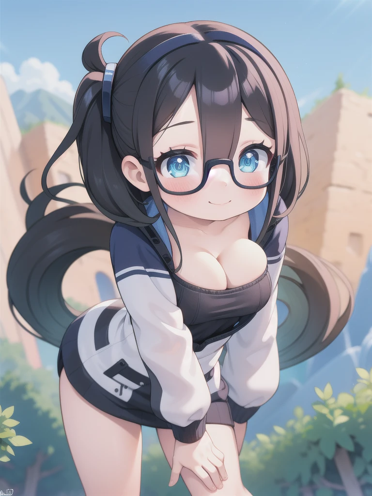 master-piece, bestquality, 1girls,, View viewers from front, HD, slight smile, big tits, cleavage, tights cloth, , tiny body, leaning forward, outdoor, mountain, wear glasses, under tits cleavage, look down, sweater, hands on kneels, stand up