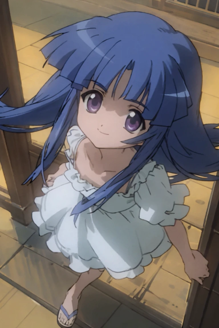 One girl,Furude Rika,White view,(masterpiece、Highest quality),Deep blue hair,Purple Eyes,,Big Eyes,bangs,White dress,camisole,Sandals,Frills,smile,