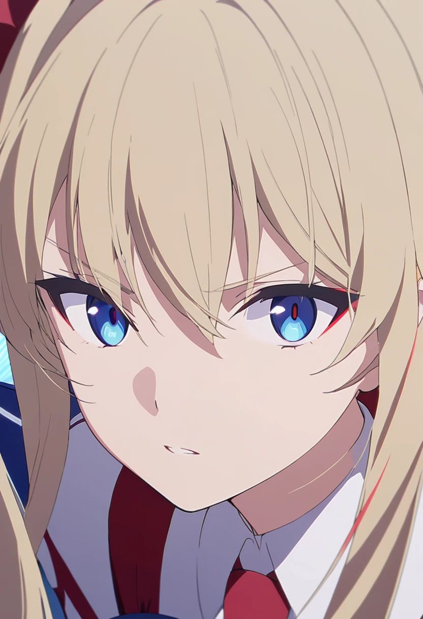 girl, anime, long hair with red and blue lines, pretty eyes, Blonde