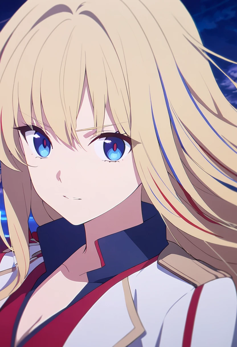 girl, anime, long hair with red and blue lines, pretty eyes, Blonde
