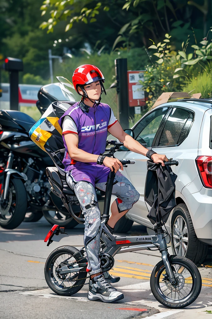 (Best quality,A high resolution,Ultra-detailed,Realistic:1.2),2023 biker, folding bike, red helmet(promotional poster)。