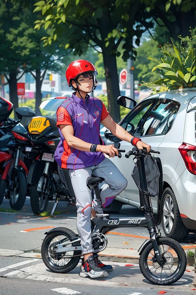 (Best quality,A high resolution,Ultra-detailed,Realistic:1.2),2023 biker, folding bike, red helmet（promotional poster）。