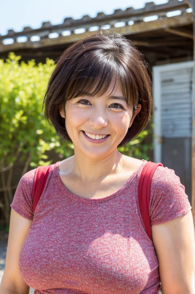 48 years old Big Breasts woman A kind smile Big eyes Front teeth Short Bob Hair Japanese classmate Saggy breasts