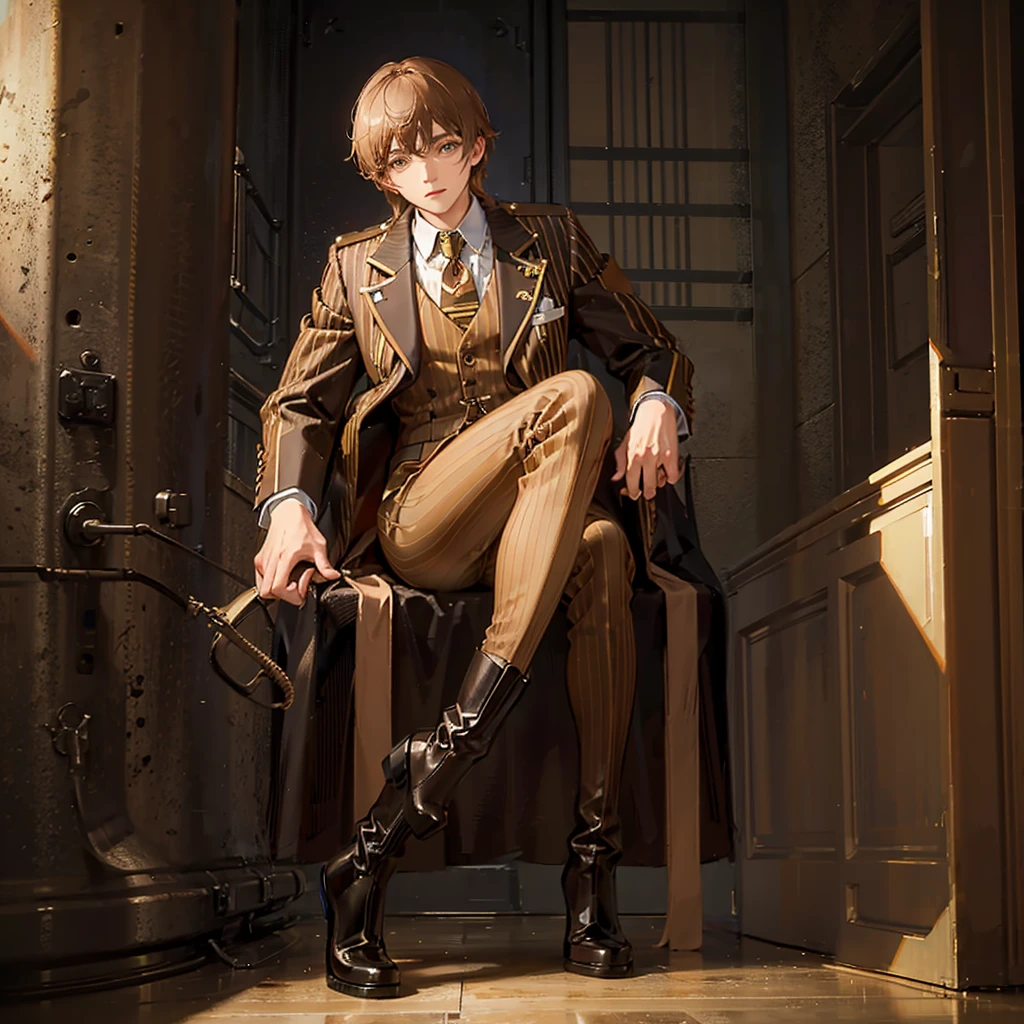 ager in brown hero suit with gold stripes and brown boots 
