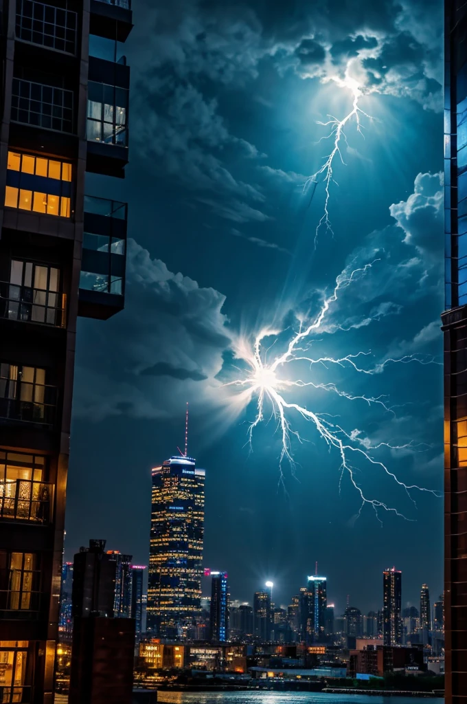 Ball lightning - the main element, quarter screen size, flies into the window of a high-rise building, behind the night city illuminated by neon colored lamps, There must be a night sky and a bright full moon, and reflections of all the above light from the glass of houses, light drizzle.