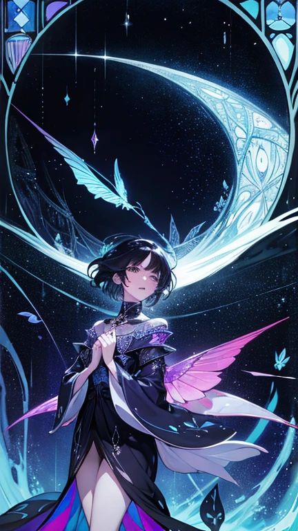 Harry Clarke, Alfred Freddy Krupa, Ida Rentoul Outhwaite, Pamela Lofts, Surrealism, wonder, strange, fantastical, fantasy, Sci-fi, Japanese anime, beautiful angel in a miniskirt under the eaves, perfect voluminous, sheltering from the rain, looking up at the rainbow in the distance, detailed masterpiece hyper realistic sharp focus cinematic shy embarrassing blushing cute coquettish 
