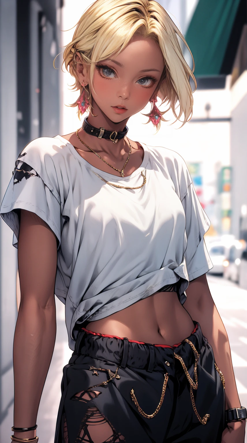 masterpiece, Highest quality, Pixiv, Cool girl, Earrings, Blonde, (Dark Skin), Gal