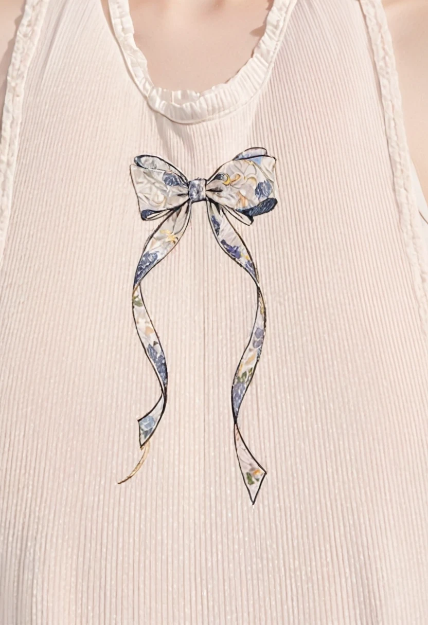 a close up of a woman wearing a white shirt with a bow on it, ornamental bow, Bow, Ripples in the chest, Curves and arches, Upper body close-up, Upper body close-up, ribbon, Tied shirt, Thick Bow, Delicate decoration, white! Tank top with print, Neckline, Smooth down to the finest details, Halter top