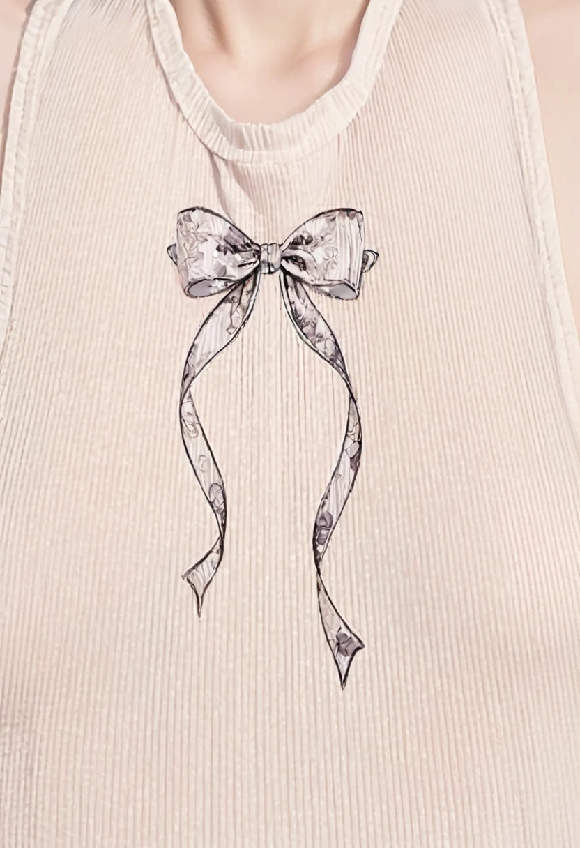 a close up of a woman wearing a white shirt with a bow on it, ornamental bow, Bow, Ripples in the chest, Curves and arches, Upper body close-up, Upper body close-up, ribbon, Tied shirt, Thick Bow, Delicate decoration, white! Tank top with print, Neckline, Smooth down to the finest details, Halter top