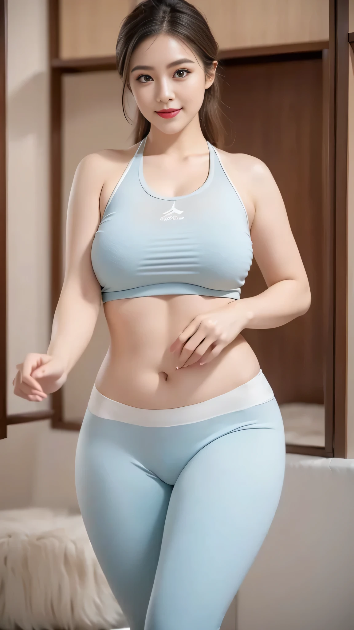 ((​Masterpiece)), ((Top)), Graphics, Beautiful sweater,Realistic, High quality, Advanced depth of field, Ultra detail, Realistic lighting, Japanese mature woman, 50s, Nice conservative sweater, light grey sleek yoga pants, Standing pose, crotch exposed, Black high heels Makeup, (Lipstick: 1.1), (Eyeliner: 1.2), Mascara, Eye shadow, Eye wrinkles, Mouth lines, Realistic background and accessories, Hourglass figure, Big breasts, Sexy smile, Seductive gaze, Sexy lips, Delicate facial features, Long curly hair, Messy hair, Park woods background, Perspective, Wide angle lens,  Dramatic,Beautiful sweater