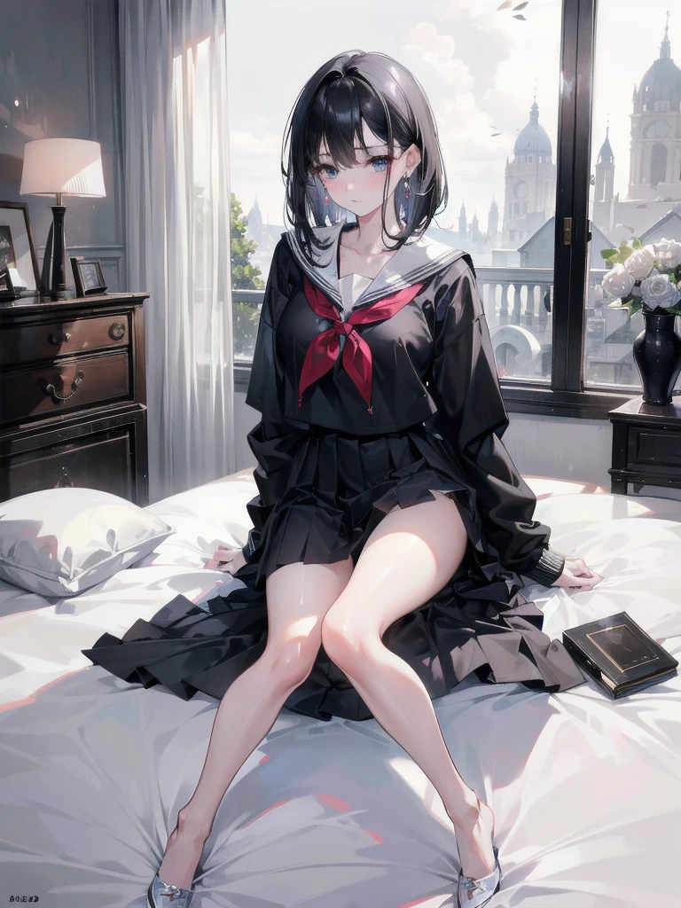 absurdres, RAW photo, extremely delicate and beautiful, masterpiece, Best Quality, ultra high resolution, 32k, hyperrealistic, ultra-detailed, in her 20s, delicate facial features, tearful mole, earring, medium breasts, full body shot, shorter middle hair, black hair, ((school uniform)), bedroom,