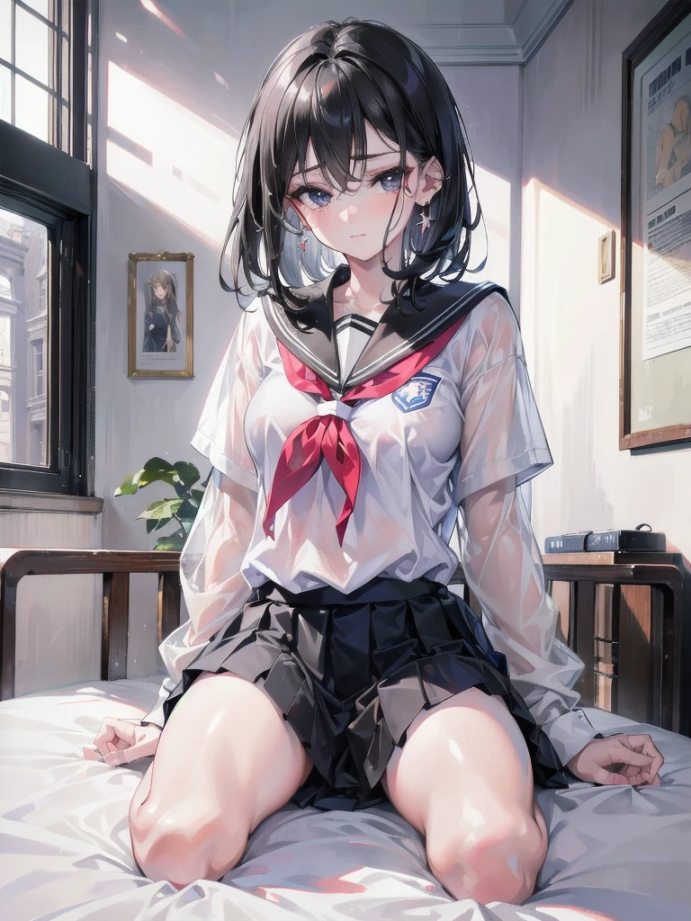 absurdres, RAW photo, extremely delicate and beautiful, masterpiece, Best Quality, ultra high resolution, 32k, hyperrealistic, ultra-detailed, in her 20s, delicate facial features, tearful mole, earring, medium breasts, full body shot, shorter middle hair, black hair, ((school uniform)), bedroom,
