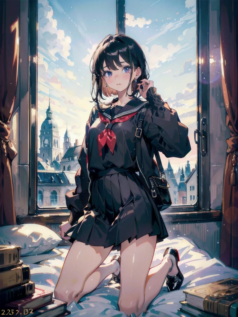 absurdres, RAW photo, extremely delicate and beautiful, masterpiece, Best Quality, ultra high resolution, 32k, hyperrealistic, ultra-detailed, in her 20s, delicate facial features, tearful mole, earring, medium breasts, full body shot, shorter middle hair, black hair, ((school uniform)), bedroom,