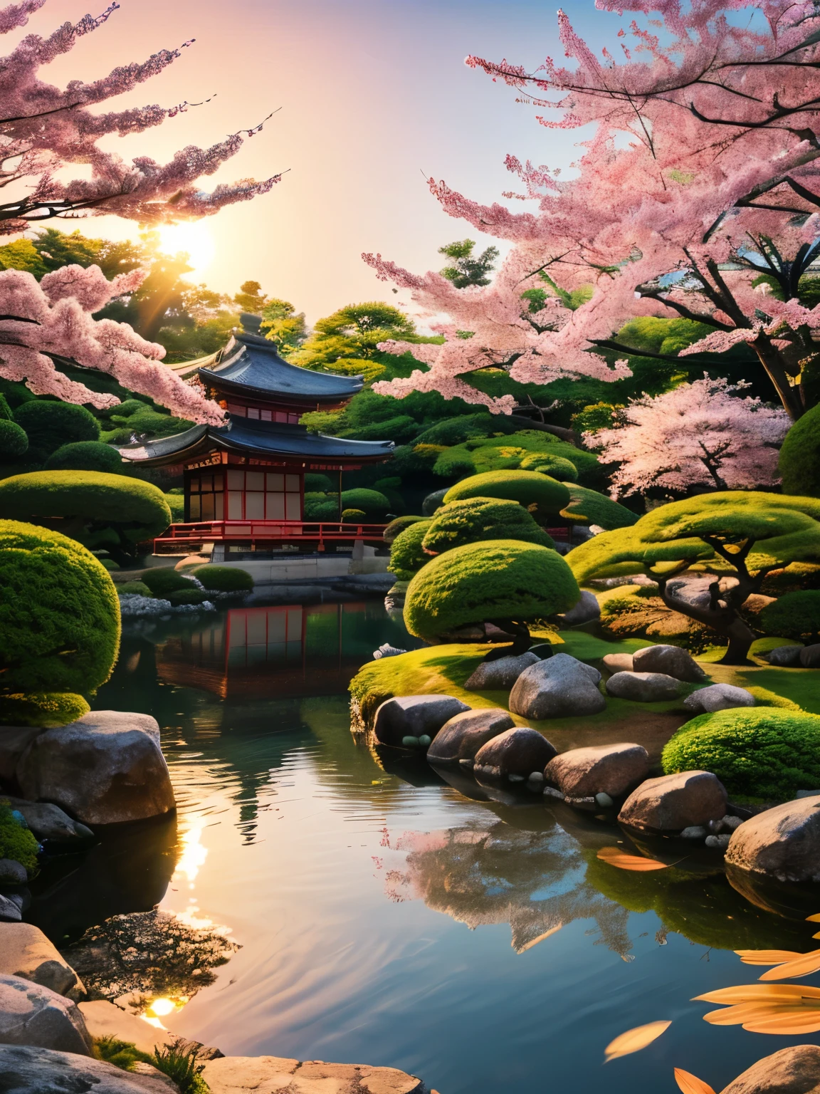 (digital painting),(best quality), serene Japanese garden, cherry blossoms in full bloom, koi pond, footbridge, pagoda, Ukiyo-e art style, Hokusai inspiration, Deviant Art popular, 8k ultra-realistic, pastel color scheme, soft lighting, golden hour, tranquil atmosphere, landscape orientation