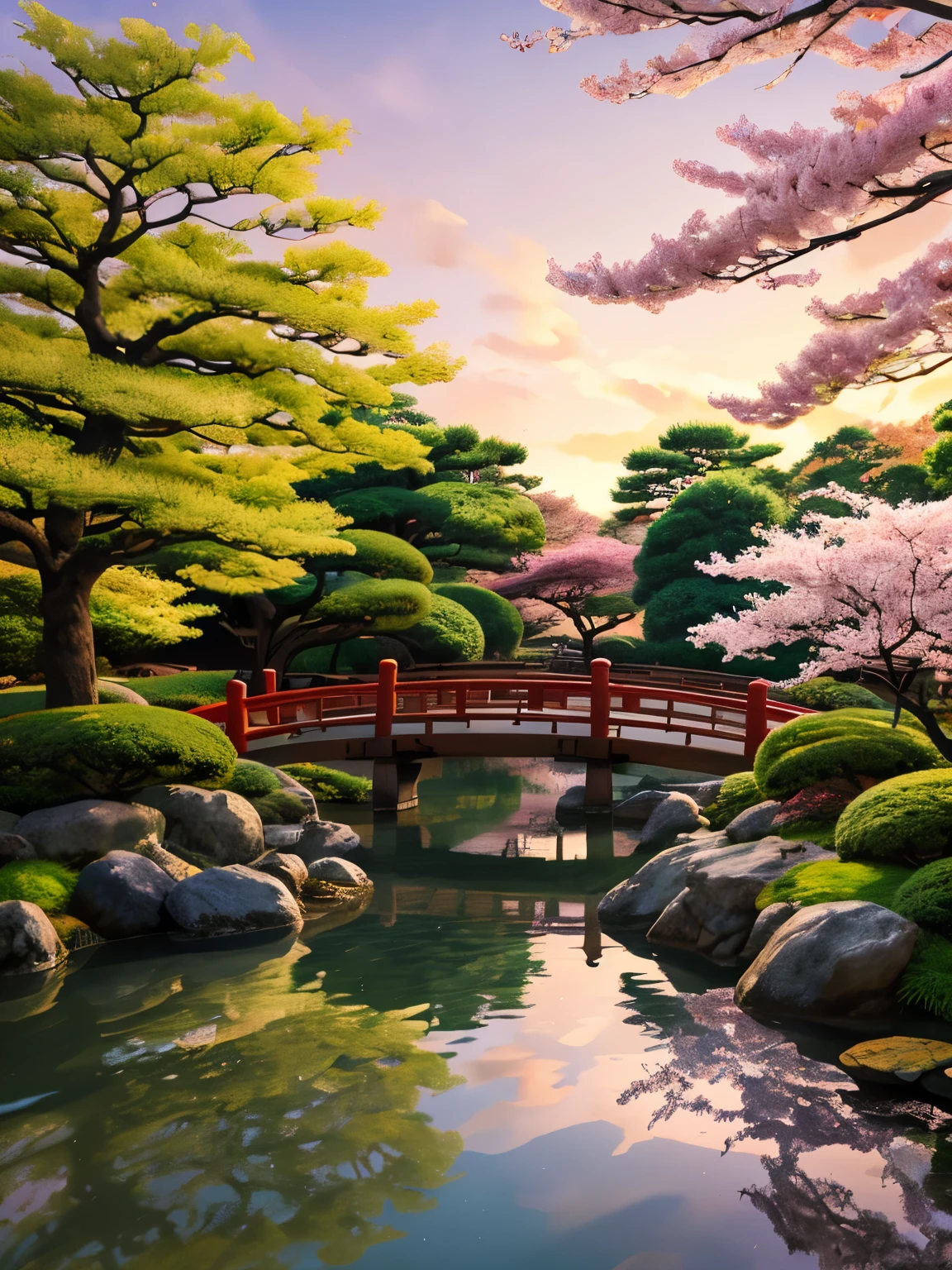 (digital painting),(best quality), serene Japanese garden, cherry blossoms in full bloom, koi pond, footbridge, pagoda, Ukiyo-e art style, Hokusai inspiration, Deviant Art popular, 8k ultra-realistic, pastel color scheme, soft lighting, golden hour, tranquil atmosphere, landscape orientation