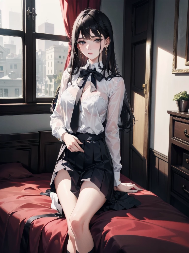 absurdres, RAW photo, extremely delicate and beautiful, masterpiece, Best Quality, ultra high resolution, 32k, hyperrealistic, ultra-detailed, in her 20s, delicate facial features, tearful mole, earring, medium breasts, full body shot, shorter middle hair, black hair, ((school uniform)), bedroom,