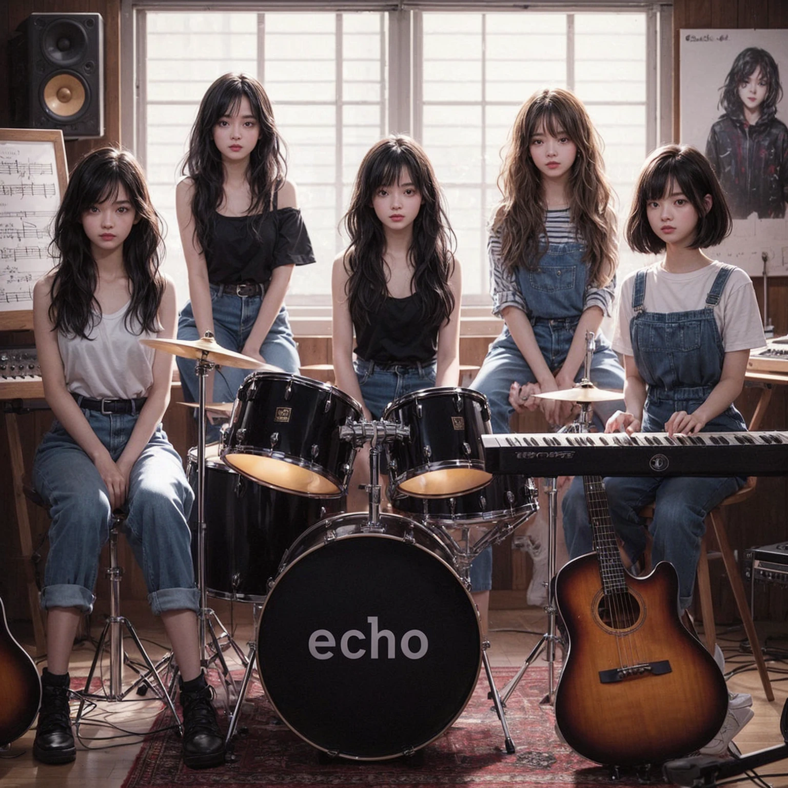 **Photo of 5 beautiful girls, aged 18 to 20, sitting:**
- **3 girls with messy black hair**
- **1 girl with wavy bob black hair**
- **1 girl with a black ponytail**
One girl is playing the drums, one girl is playing the piano, one girl is playing the bass guitar, one girl is playing the guitar, and one girl is singing. They are sitting behind a board with the word "ECHO" written on it. The background is a music studio, complete with drums, guitars, bass guitar, and piano. The image is ultra HD, 4k, photorealistic, raw, and a masterpiece.