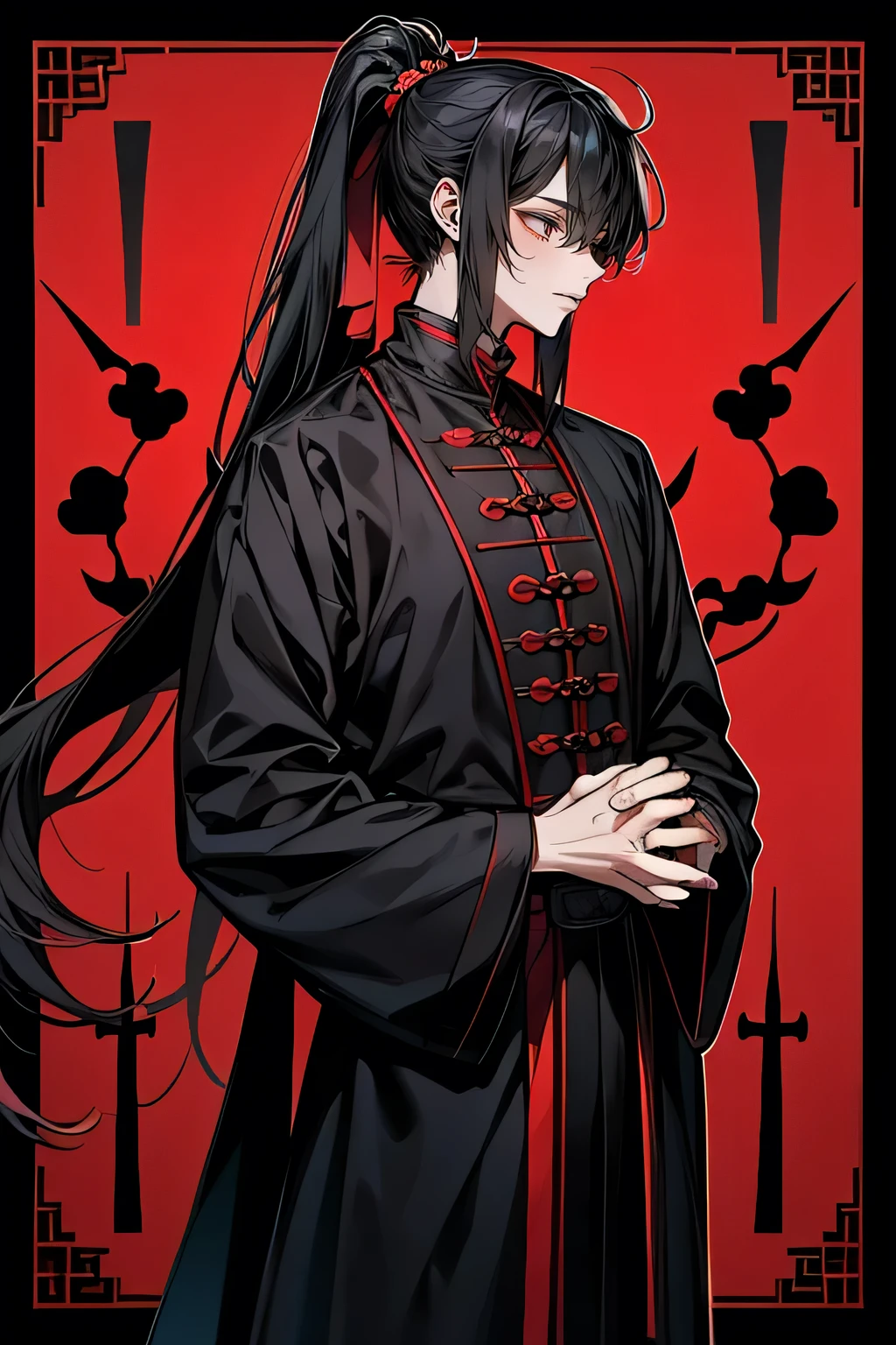 antiquity,Single ponytail,man,Adult male,Taoist priest costume,Black clothes,immortal,Fairy wind road bone,long hair,black hair,red eyes,Standing,hands behind the back