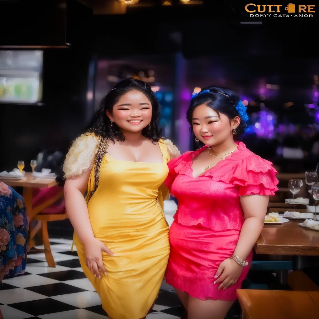two women in dresses standing next to each other in a restaurant, shot on canon eos r 5, shot on canon eos r5, event photography, shot on nikon z9, shot on sony a 7 iii, in blue and yellow clothes, shot on sony a 7, captured on canon eos r 6, people enjoying the show, photo taken with nikon d750