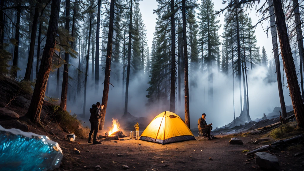a photo of two people camping near a glass volcano in the grand canyon, surrounded by ice forest, volcano is spewing colorful fumes, all the forest is covered in many colors, aesthetically, highly aesthetic, artistically, extremely detailed, masterpiece, light refraction, extremely detailed, hyperdetailed, masterpiece