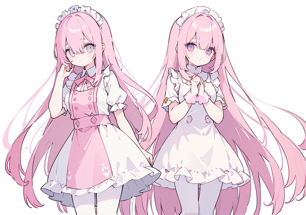 (((Long pinky Beautiful Hair))),pink hair,kawai,(((Eyes visible from bangs,hair over eyes:1.3))),,Huge breasts,(cyan color eyes),,(pink slanted eyes),1girl in,bangs,long CYAN hair, pantyhose,Cowboy Shot,white background,short hair,smiled,(wearing pink maid clothes), (maid dress type must have a perfect pink vest), Bangs should be long to the tip of the chin(((Standing pose facing to the right side free hand pose))), white background, Perfect arm fingers,,, 1 girl, ((The image must match the tag)) Bangs almost cover the eyes full body (The character's entire body from top to bottom is completely visible) (The character's entire body is visible from head to toe) wearing shiny pink shoes (full body image full body image) full body image full body image) white background, Long slim legs, Perfect pink maid outfit perfect pink vest perfect pink jabot