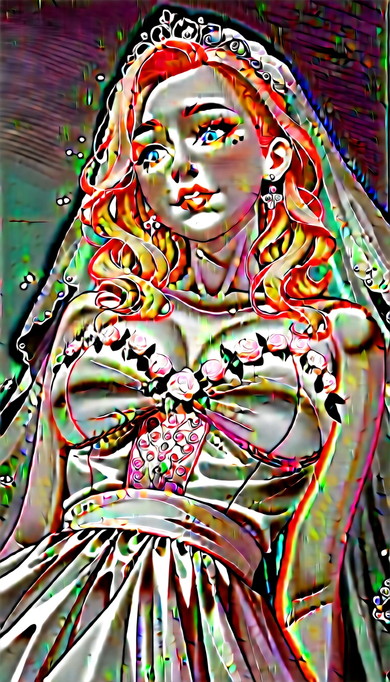 woman looking down (very muscular large breasts)(close up of a beautiful blonde bride lower angle )hyperrealistic art cinematic film still lower angle photography in the style of detailed hyperrealism photoshoot . () Extremely high-resolution details, photographic, realism pushed to extreme, fine texture, incredibly, wide smile big lips