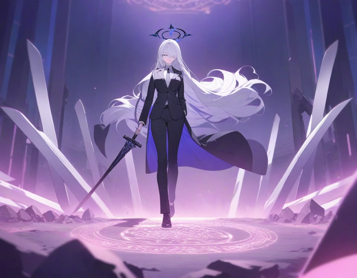 (Highest quality), (High resolution), (masterpiece), (Super detailed), (Highest quality), (High resolution), (masterpiece), (Super detailed), (Bright saturation), Thigh-length hair, White Hair, Heterogeneous eyes: purple left eye and blue right eye, Blue Archive Art Style, One girl, Swinging a black sword in his right hand, Left hand in pocket, girl, (Black long coat, White shirt, Black tie, Black trousers, suit,) whole body, Countless swords of light are stuck in the ground., Magic circle in the background, Expressionless, Vivid saturation, Black halo
