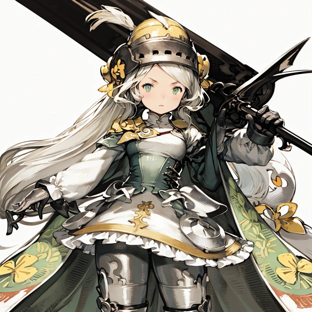 yoshida akihiko, 1girl, bravely default: flying fairy, bravely default \(series\), Nier, final fantasy, light green eyes, helm, black sword, low pigtails
