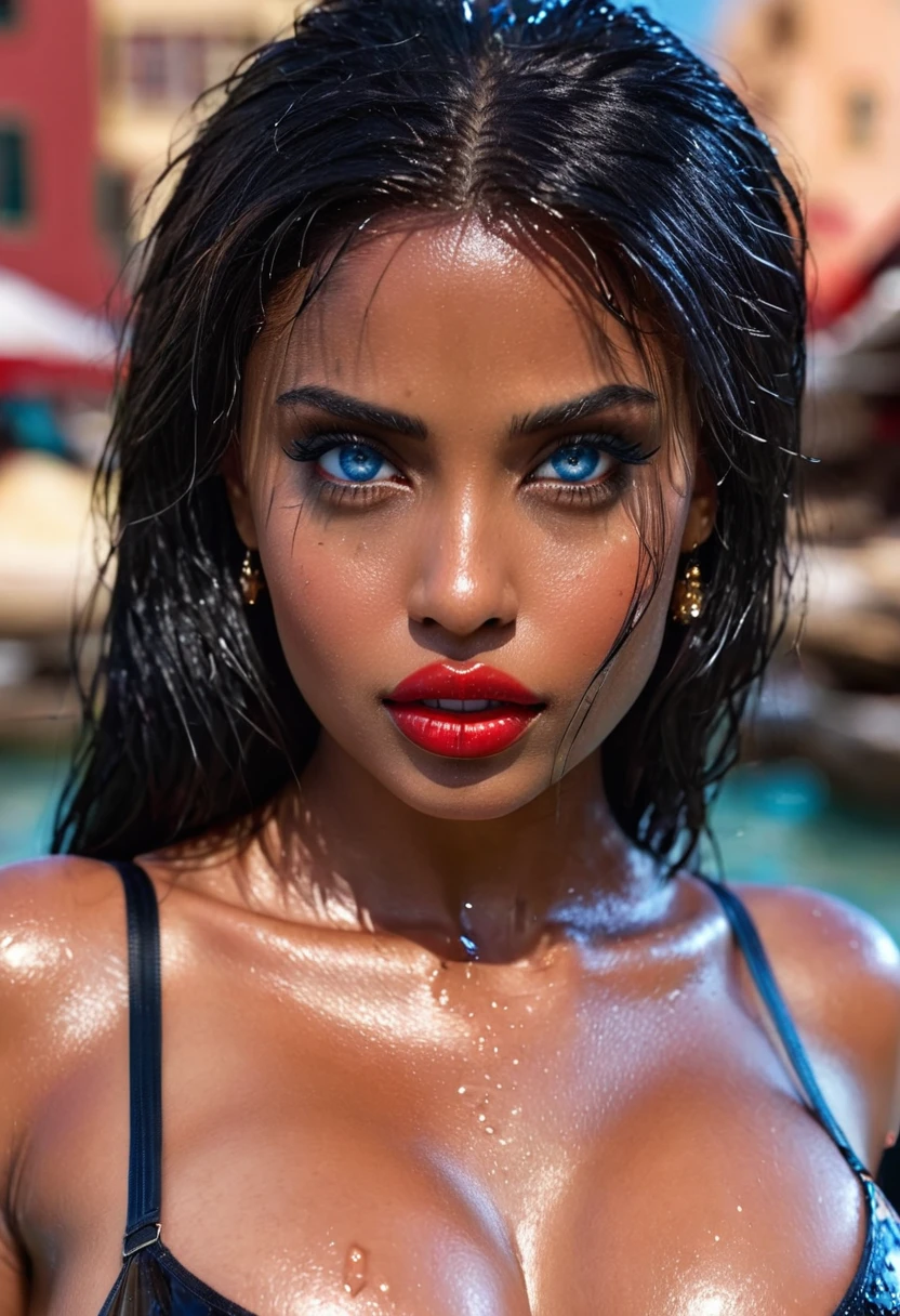 (muste piece, highest quality)((8k)),full body,super detailed,arab girl,full body ,black skin,blue eyes.red lips ,photorealistic,dark bronze shiny skin,beautiful female mode,dark skin Black woman in clothes from biblical times, blue eyes, ,sweaty skin,horny,For seasons Bora Bora,wet skin , (shiny skin), she is wet and intimate, she has a submissive expression, direct eye contact, hyperrealistic, unreal engine 5,Suggested pose, 8K