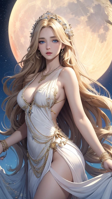 (masterpiece,Highest quality,High resolution,Super detailed,8K),woman,alone,,Greek Goddess,,whole body,Facing forward,Ample breasts,Beautiful valley,Blonde Hair,,Long Hair,Hair is bunched back,(Beautiful Face,Beautiful Eyes,Blue Eyes,Beautiful nose,Beautiful lips),A look of kindness and compassion,Slender beauty,Looking at this,flower,bird,moon,jewelry,necklace,,White Dress,Sleeveless,Holding,Ancient images,Detailed configuration,background,,Detailed CG,Official artwork,(Fractal Art:1.1),