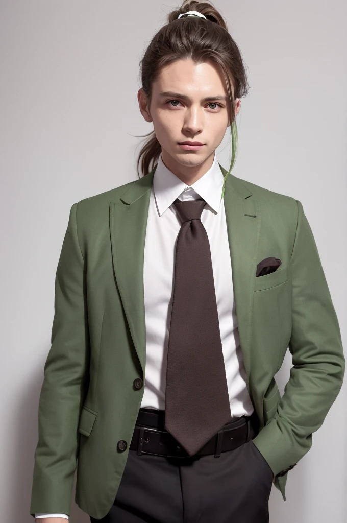 And change, Brown ponytail, White skin, Small man, Green Eyes, masterpiece, punk jacket, White shirt, Green tie, Shoulders open, Sleeves are open, A light smile, flower, quiet, Suppressed, (Concept Art)