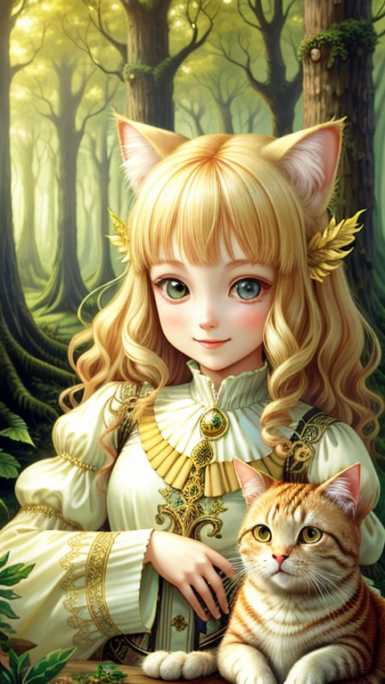 girl, Forest Castle Background, Ivory Gold AI Psychedelic Magic, Cat, Fairy, Clean, bright, Smile