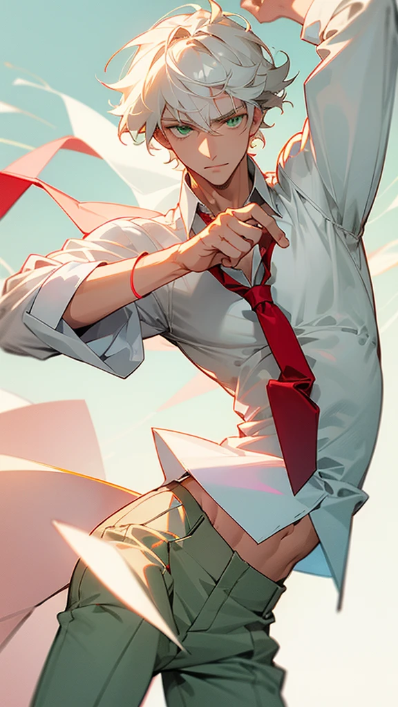 Boy 
Green eyes
White medium hair
handsome.very handsome 
carefree.
age - 19
White loose shirt and a red tie , sleeves folded up
Back trousers 
Still a bit skinny