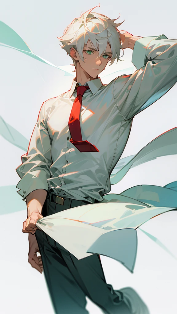 Boy
Green eyes
White medium hair
handsome.very handsome
carefree.
age - 19
White loose shirt and a red tie , sleeves folded up
Back trousers
Still a bit skinny