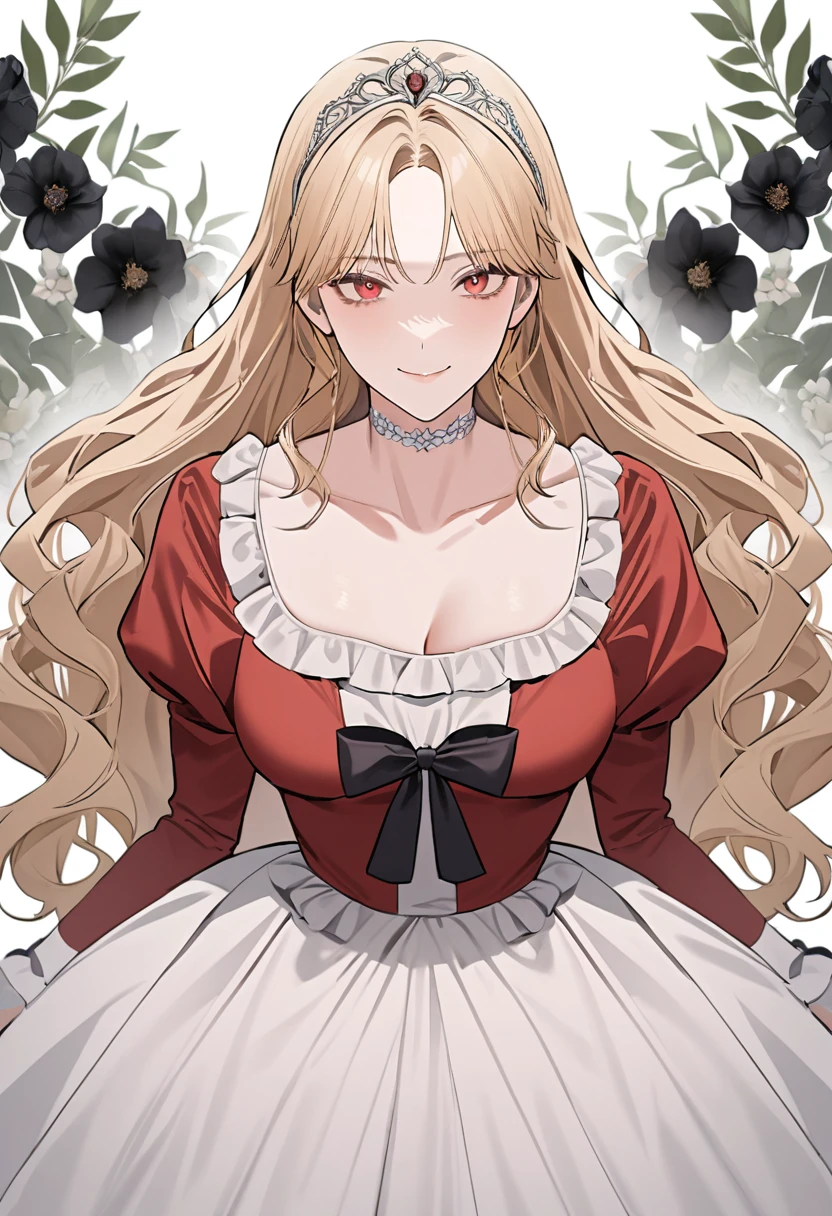 ((sexy-style)), masterpiece, newest, floral background, romance manhwa, 1girl, blonde hair, solo, long hair, flower, dress, tiara, white dress, gloves, long sleeves, choker, red eyes, white gloves, black bow, black flower, wavy hair, bow, jewelry, looking at viewer, white background, collarbone, puffy sleeves, silver accessories, upper body, parted bangs, very long hair, red dress, frills, bangs, closed mouth, smile, cowboy shot, dynamic pose, dynamic angle, dynamic cut