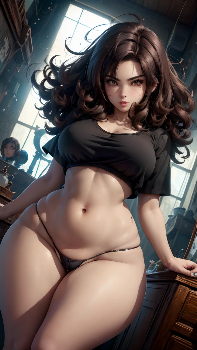 1female, 24 years old, she has curly hair, hair curly, (long hair: 1.0), (dark brown hair: 1.5), (messy hair), (asian eyes), gorgeous face, beautiful girl, brown eyebrows, (brown eyes: 1.5), (big breasts: 1.0), perfectly rounded breasts, (thick thighs: 1.5), (wide hips: 1.5), (wide pelvis: 1.5), big chest, curvaceous, (defined girl), (fitness girl: 1.0), perfect body shape, (brunette skin: 1.35), (body moles), (((wearing sport clothing, black thong and a black baggy t-shirt, bare legs))), (((plain t-shirt))), (loose t-shirt: 1.35), (bedroom, bed, messed bedroom, warm light background), sexy, erotic, daring, (detailed background), 8k quality, wallpaper, high quality, Cinmatic lightning, gentle face, expressive face, (detailed face), the face is well lit, (detailed eyes), beautiful eyes, centered,scale to fit dimensions,Rule of thirds), highres,sharp focus, (ultra detailed,extremely detailed),(photorealistic artwork:1.37),(extremely detailed CG unity 8k wallpaper), (((vibrant colors,vibrant theme))), standing on your feet, Cinmatic lightning, (sexy pose), (dynamic pose: 1.5), thigh high, sensual girl, (medium full shot), perfect proportionate body, (american shot), (perspective from below: 1.0), camera angle