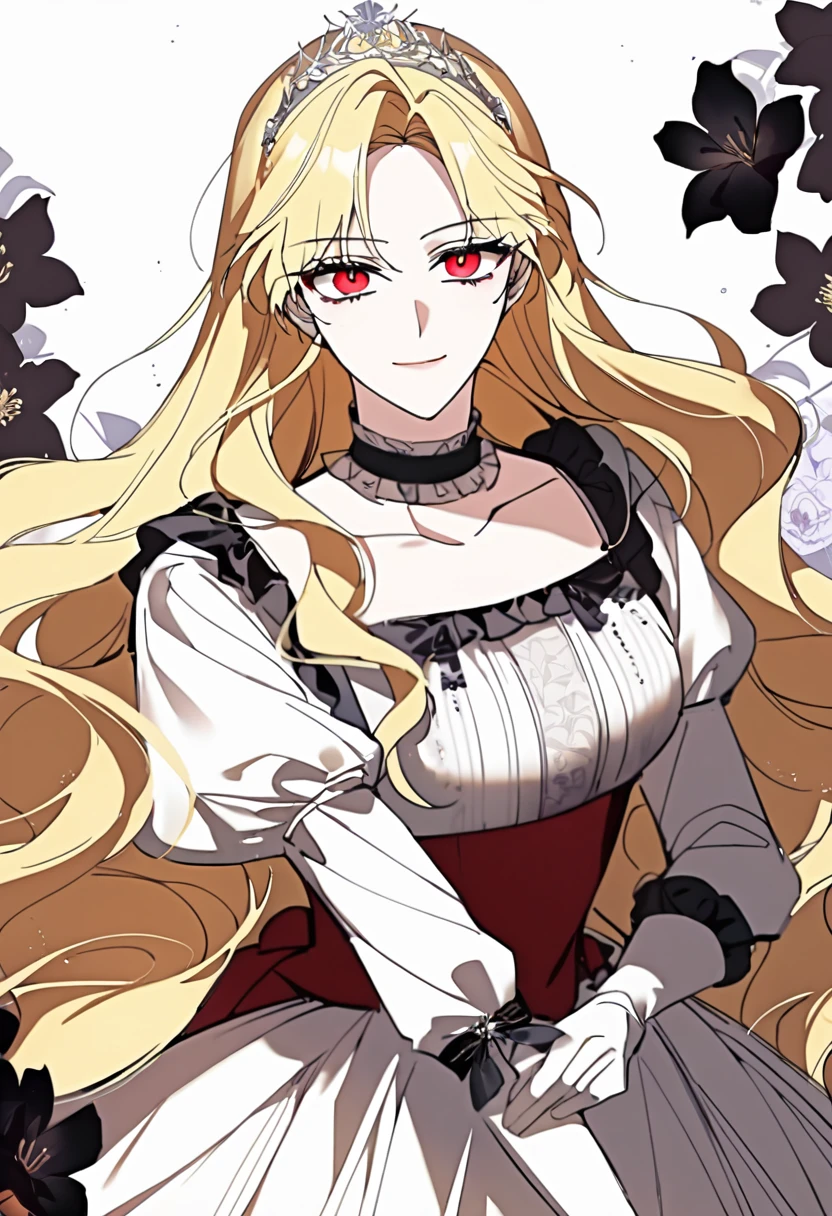 ((shoujo-style)), masterpiece, newest, floral background, romance manhwa, 1girl, blonde hair, solo, long hair, flower, dress, tiara, white dress, gloves, long sleeves, choker, red eyes, white gloves, black bow, black flower, wavy hair, bow, jewelry, looking at viewer, white background, collarbone, puffy sleeves, silver accessories, upper body, parted bangs, very long hair, red dress, frills, bangs, closed mouth, smile, cowboy shot, dynamic pose, dynamic angle, dynamic cut