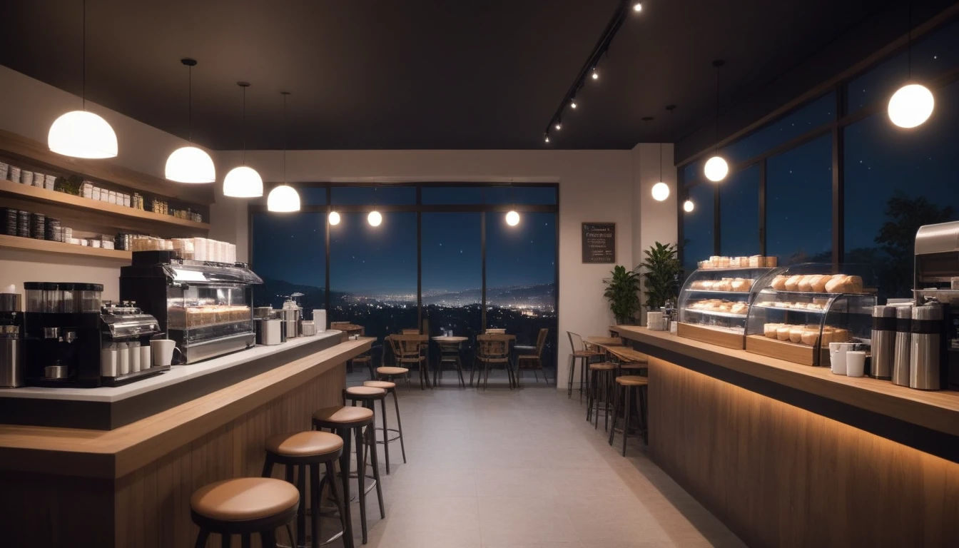 at night, frontal shot coffee shop interior, tables with coffee cups, and a big window in the center