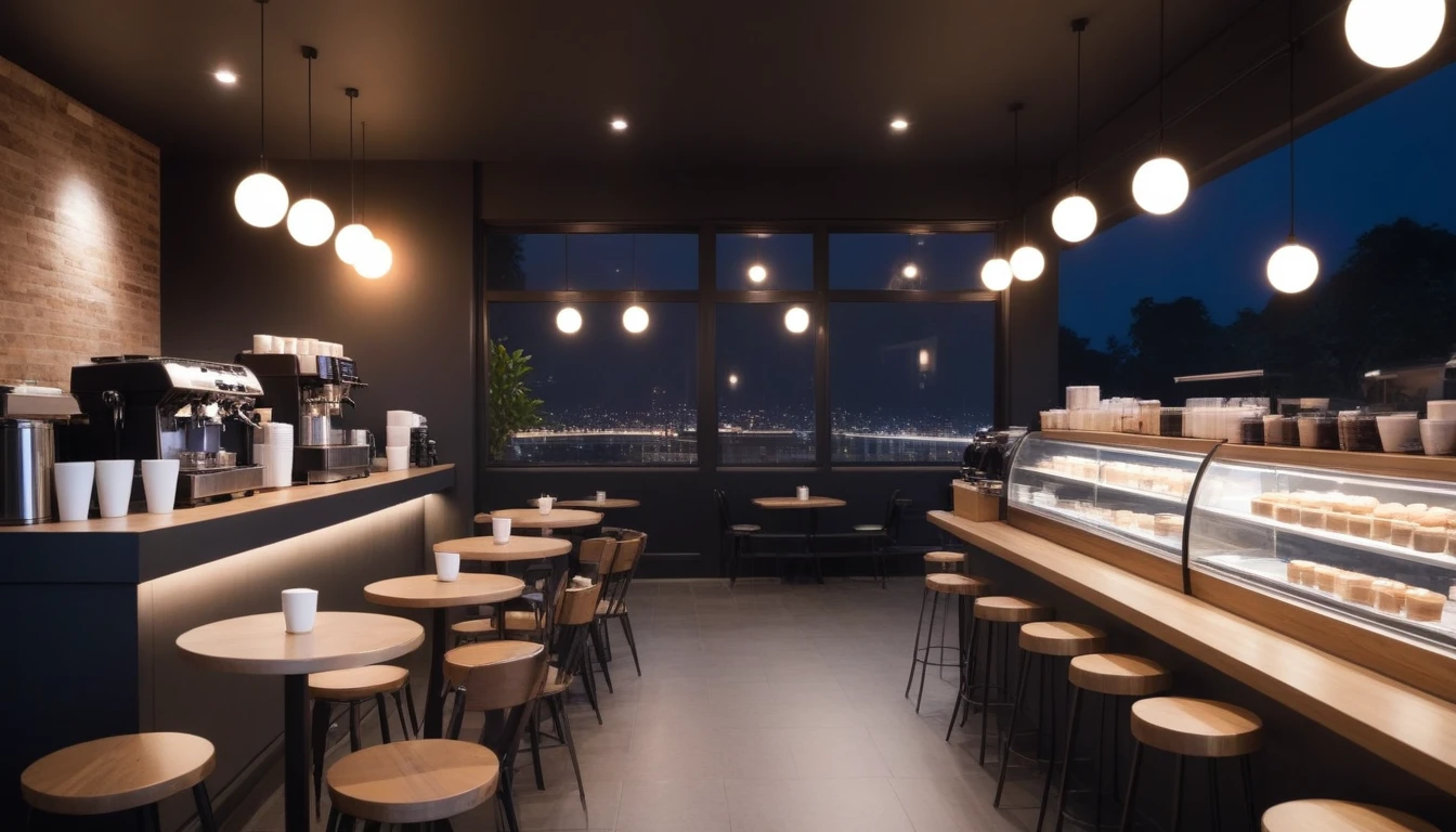 at night, frontal shot coffee shop interior, tables with coffee cups, and a big window in the center