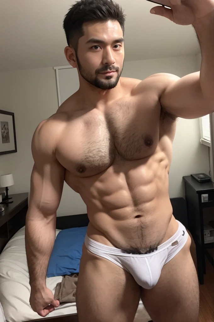 (Selfie)(Bedroom shot)(indirect lighting)Beautiful muscular Japanese gay men、30 years old、Height: 190cm、mask、sunglasses、Weight 100kg、Short Hair、Thin white thong、Muscular、erection、Focus on the bulging crotch、Sweat、Back view、Full body portrait、Beautiful eyes in every detail、Thick armpit hair、Hairy、Pectoralis major、Big buttocks、sexy、Erotic、Nipples、drop、instagramart、Twitter、tinder
