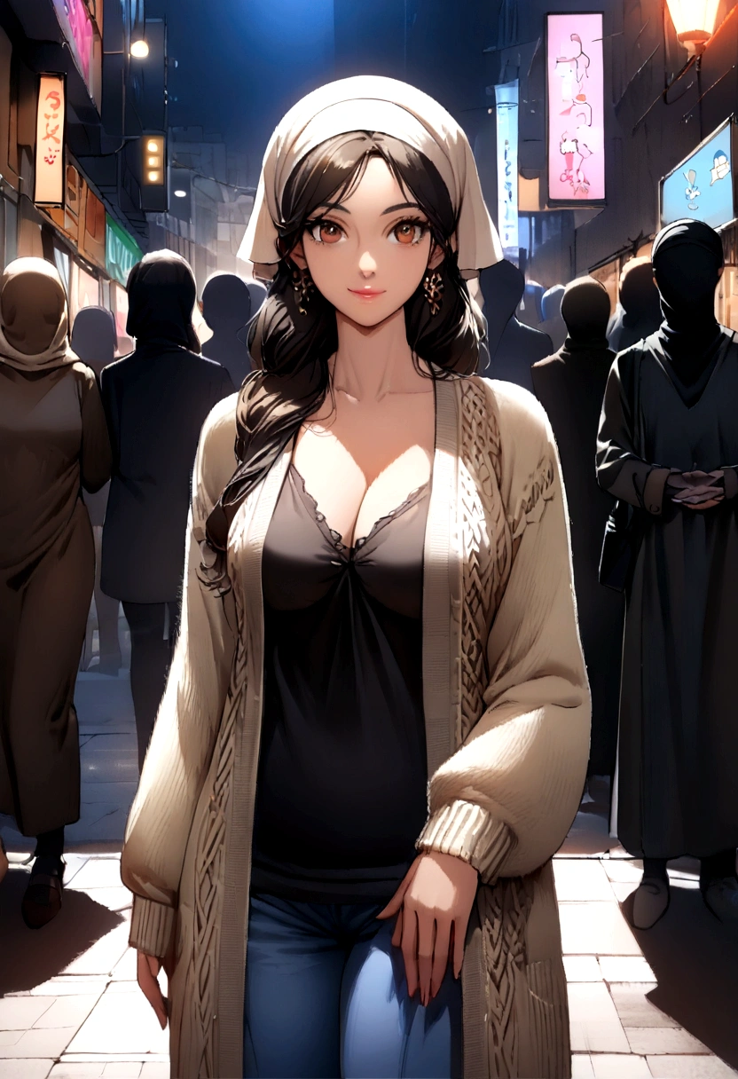 Full Body Portrait Iranian Woman, Elegant girl in a city dress, Plump lips, la femme est dans un Cardigan long noir, wear a stylish outfit, fashionable woman, blue shawl, Wear nice clothes, wear stylish and casual clothes, portant un Cardigan long noir, portant un Cardigan long noir, I wear blue denim trousers with ripped edges., portant un Cardigan long noir,Arafe Woman Standing Front View Posing, beautiful iranian woman, Front view standing posing, Beautiful lonely girl, Best Shawl Style, Brown hair, night background, Neon light background on the street, blurred background,night, Hig scarf, , look into the camera, Beautiful Persian brunette, Persian brown face,head scarf,(beautiful detailed eyes), (detailed light), ((complex high detail)), (A high resolution),8 k,brown eye color, Brown eyes, ((illustration)), (((masterpiece))), ((Best quality)), (A high resolution), (detailed light), ((complex high detail)), (A high resolution), (very detailed CG 8 k wallpaper),beautiful lighting, perfect lighting, realistic shadows, [A high resolution], Detailed skin, Super tender, Iranian girl, Persian woman, Persian girl face, Smiling face, femme portant un Cardigan long, Cardigan long noir, Cardigan long, hijab, Persian style hijab, 36yo, 36 year old woman, many bodies in the frame,  Bust size, , Front of the screen, Standing in front of the camera, look into the camera,Full length portrait, a tall girl, Une fille est grandiosee, grandiose, skinny body, Slim body, Cardigan long, Cardigan long noir,reduced,(((a tall girl))), No nudity, Pas de cleavage
