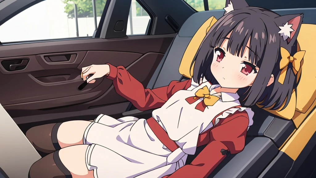 1 girl, Alone, Brown hair, animal ears, cola, cat ears, cat cola, bow, old, two sides up, long sleeves, maid headvestido, Bell, jingle Bell, food, short hair, short dress mini skirt, small old, puffy sleeves, bowtie, cat girl, steering wheels, juliet sleeves, animal ear fluff, hits, apron, hair bow, clothing trimming, strawberry, blush, clavicle